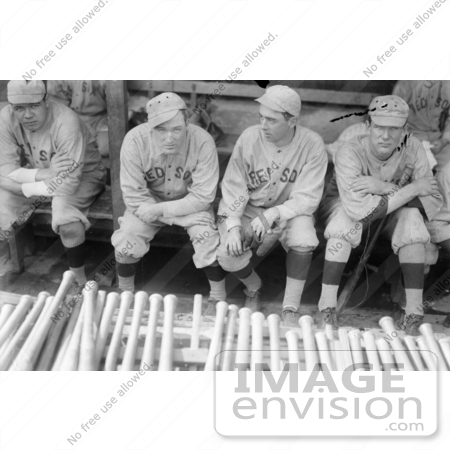 #41227 Stock Photo of Babe Ruth Sitting In A Dugout With Bill Carrigan, Jack Barry, and Vean Gregg by JVPD
