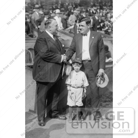 #41230 Stock Photo of Babe Ruth Shaking Hands With Bill Edwardsband Standing With Their Mascot by JVPD