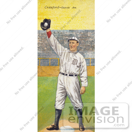 #41238 Stock Illustration of a Vintage Baseball Card Of Sam Crawford Holding A Baseball In A Glove Over A Base by JVPD