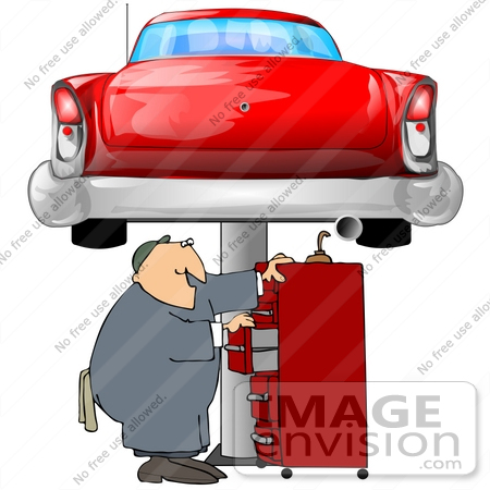 #41262 Clip Art Graphic of a Caucasian Male Auto Mechanic Searching For Tools In A Tool Box Under A Red Classic Car On A Lift In A Garage by DJArt