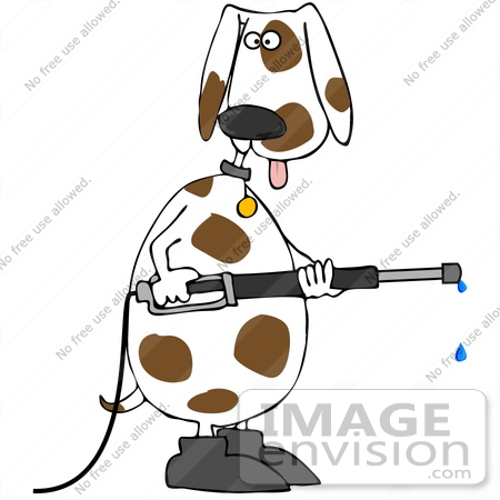 #41264 Clip Art Graphic of a Spotted Dog Using a Pressure Washer by DJArt