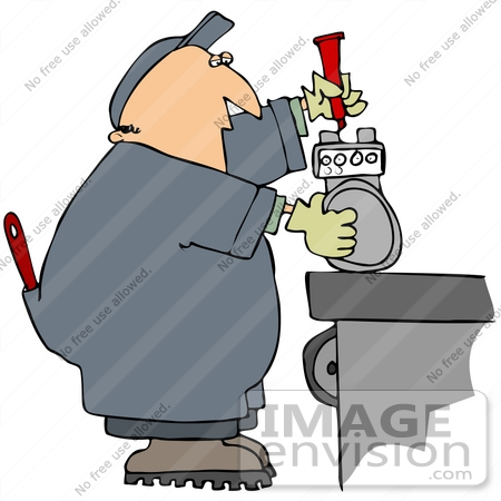 #41268 Clip Art Graphic of a Worker Fixing A Meter On A Table by DJArt