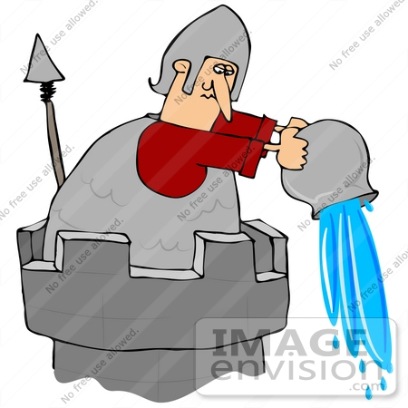 #41270 Clip Art Graphic of a Guard Atop A Tower, Dumping Water Down Below On Intruders by DJArt