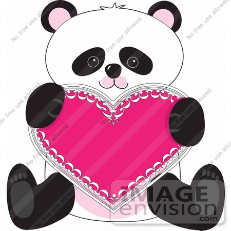 #41273 Clip Art Graphic of a Cute Panda Sitting With A Heart Valentine by Maria Bell