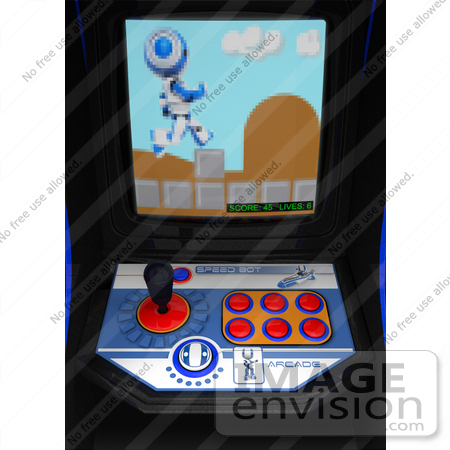 #41274 Clip Art Graphic of a Arcade Game Screen With A Blue Pixelated AO-Maru Robot Conquering Obstacles by Jester Arts