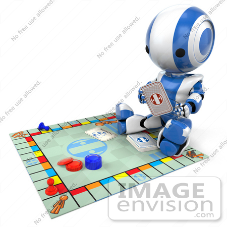 #41275 Clip Art Graphic of a 3d Blue AO-Maru Robot Reading A Card On Top Of A Board Game by Jester Arts