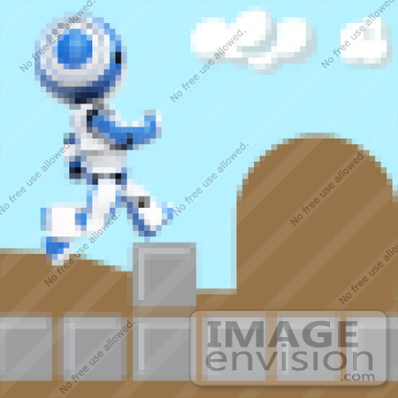 #41277 Clip Art Graphic of a Pixelated Video Game Screen With A Blue Pixelated AO-Maru Robot Conquering Obstacles by Jester Arts