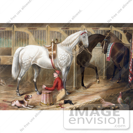 #41280 Stock Illustration of a Dog Watching A Jockey Kneeling And Praying For A Successful Race In A Horse Stable by JVPD