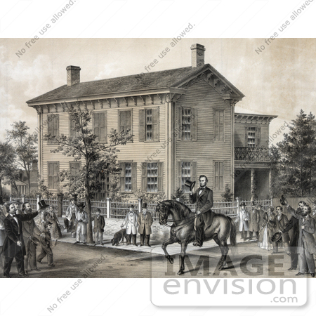 #41282 Stock Illustration of Villagers Greeting Abraham Lincoln On Horseback In Front Of His House In Springfield, Illinois by JVPD