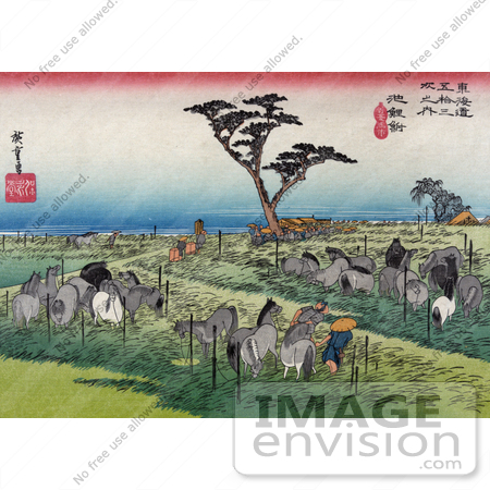 #41283 Stock Illustration of Travelers Resting Under A Pine Tree, Surrounded By Grazing Horses In A Meadow Near The Chiryu Station On The Tokaido Road by JVPD