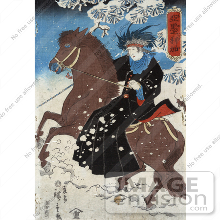 #41286 Stock Illustration of a Japanese Person Riding Sidesaddle On A Brown Horse Through The Snow by JVPD