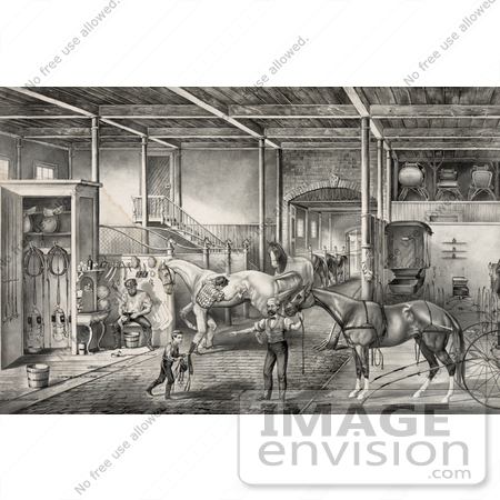 #41288 Stock Illustration of a Child And Men Tending To Race Horses In A Stable by JVPD
