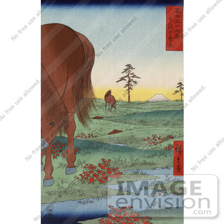#41289 Stock Illustration of Two Horses Grazing In A Landscape With A Stream In Kogane Fields In Shimosa Province, Mt Fuji In The Distance by JVPD