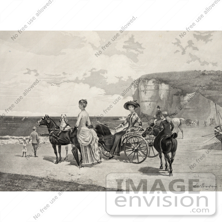#41293 Stock Illustration of Two Beautiful Women By A Carriage On A Beach by JVPD