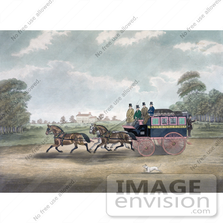 #41297 Stock Illustration of a Dog Running Alongside Men On The Unicorn Norwich Coach by JVPD