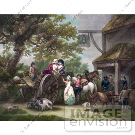 #41299 Stock Illustration of Horses, Pigs, And A Dog With People And A Cart In Front Of A Tavern by JVPD