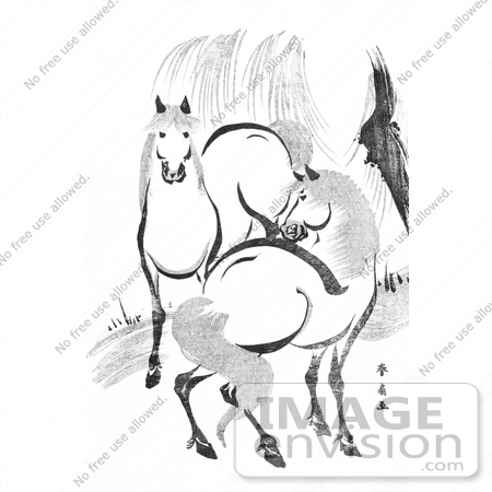 #41303 Stock Illustration of a Pair Of Horses By A Willow Tree, Black And White by JVPD