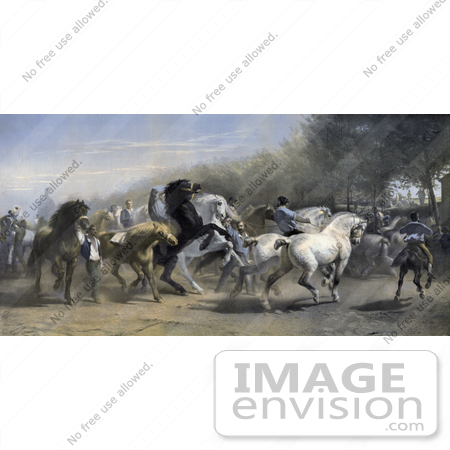 #41308 Stock Illustration of Men Walking With And Riding Black, Brown And White Horses At A Horse Fair by JVPD