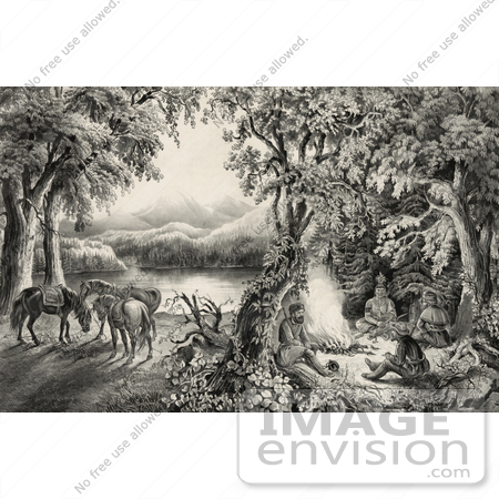 #41312 Stock Illustration of Four Male Campers Sitting Around A Fire With Their Horses In The Background by JVPD