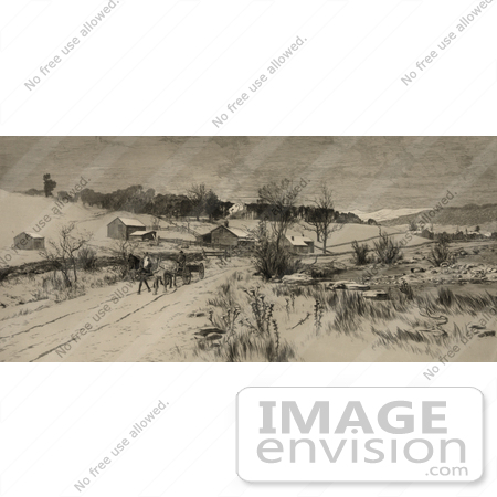 #41316 Stock Illustration of a Man On A Horse Drawn Wagon, Traveling Through A Village In The Snow by JVPD