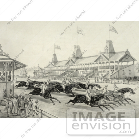 #41319 Stock Illustration of Spectators Watching A Horse Race In Progress, Perhaps At Monmouth Park, Long Branch, New Jersey by JVPD