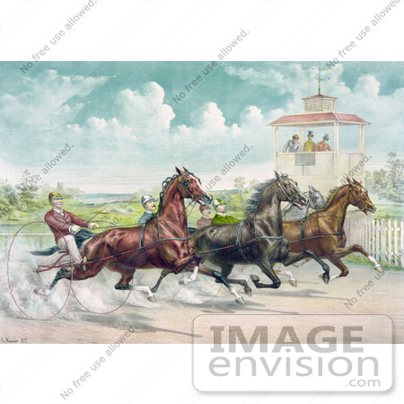 #41325 Stock Illustration of Judges In A Tower Watching A Close Race Between Four Horse Harness Racing Jockeys by JVPD