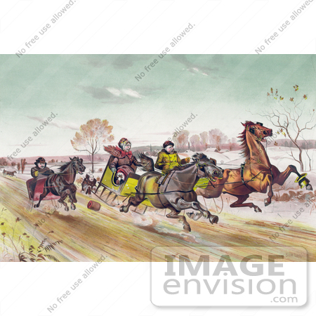 #41326 Stock Illustration of a Man, Woman And Senior Man Racing Horses Down A Street In Winter by JVPD