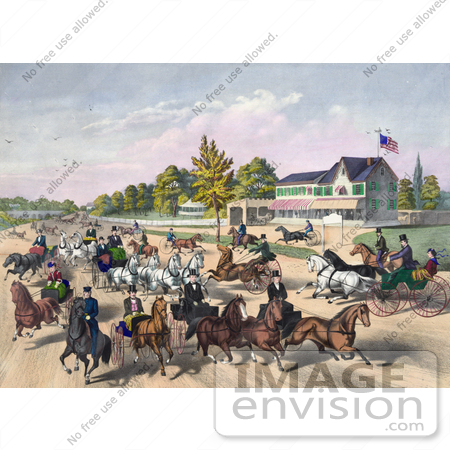 #41335 Stock Illustration of a Busy Street Scene Of Horses And Carriages On A Road Near A Building by JVPD