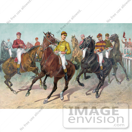 #41336 Stock Illustration of a Group Of Seven Jockeys On Horseback, Ready For A Race by JVPD