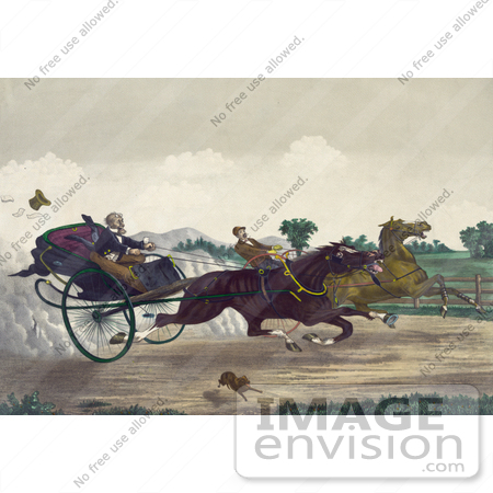 #41340 Stock Illustration of Two Competitive Men Racing Their Horses Down A Street With A Dog Running Along The Side by JVPD