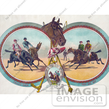 #41341 Stock Illustration of Four Racing Jockeys On Horseback, In Three Different Scenes by JVPD