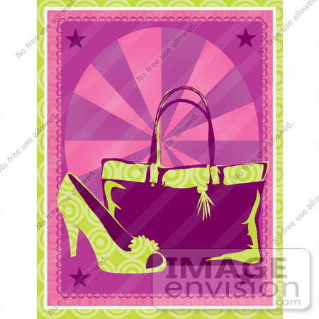 #41353 Clip Art Graphic of a Fashionable High Heel Shoe And Purse On A Pink