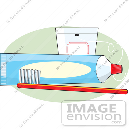 #41354 Clip Art Graphic of a Tube Of Toothpaste And Floss With A Red Toothbrush by Maria Bell