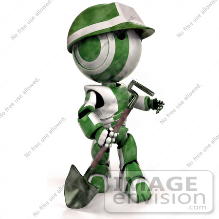 #41357 Clip Art Graphic of a 3d Green AO-Maru Robot Construction Worker Looking Up While Working With A Shovel by Jester Arts