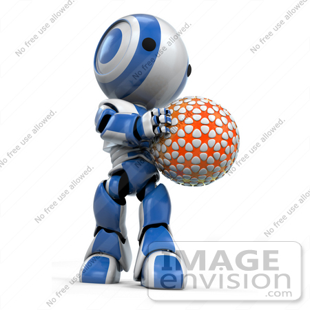 #41358 Clipart Illustration of a 3d Blue AO-Maru Robot Holding And Looking Down At An Orange Planet Or Ball by Jester Arts