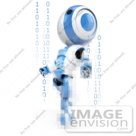 #41363 Clipart Illustration of a 3d Blue AO-Maru Robot Emerging Through Pixels And Binary Code by Jester Arts
