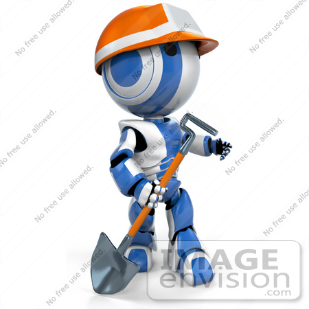 #41368 Clipart Illustration of a 3d Blue AO-Maru Robot In A Hardhat, Walking With A Shovel by Jester Arts