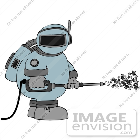 #41381 Clip Art Graphic of an Astronaut Spraying Stars With A Pressure Washer by DJArt