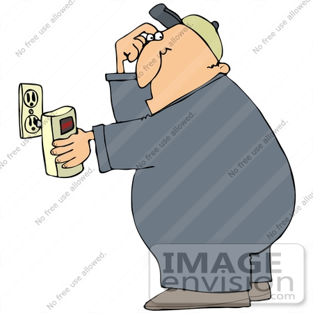 #41399 Clip Art Graphic of a Gas Man Plugging In A Co Detector Into A Socket by DJArt