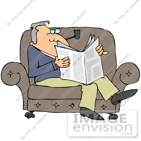 #41401 Clip Art Graphic of a Man Reading The News And Smoking A Pipe On A Sofa by DJArt