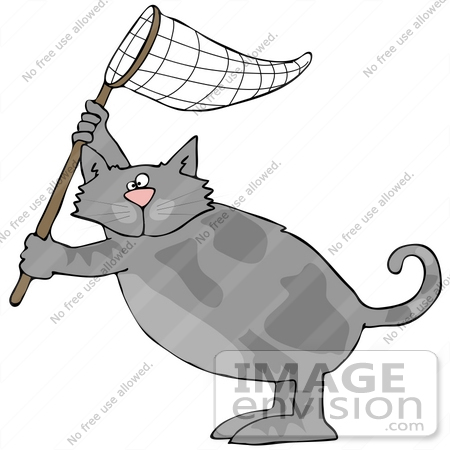#41405 Clip Art Graphic of a Gray Cat Holding A Net by DJArt
