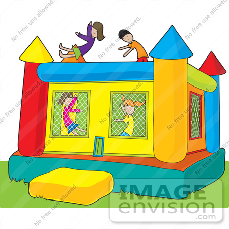 #41410 Clip Art Graphic of Kids Having Fun In A Bounce Castle In A Park by Maria Bell