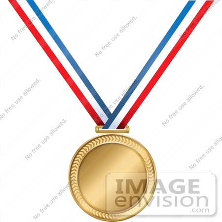 #41425 Clip Art Graphic of a Golden First Place Medal On A Red, White And Blue Ribbon by Maria Bell