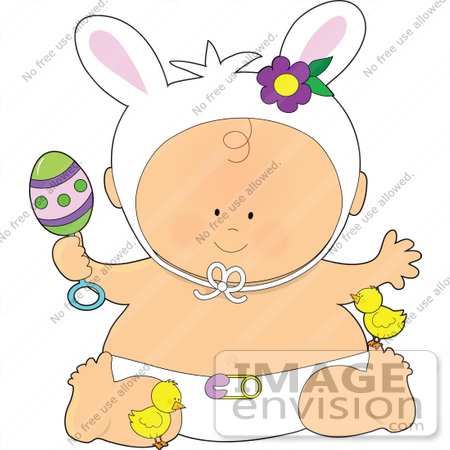 #41426 Clip Art Graphic of an Easter Baby With A Rattle, Chicks And Bunny Ears by Maria Bell