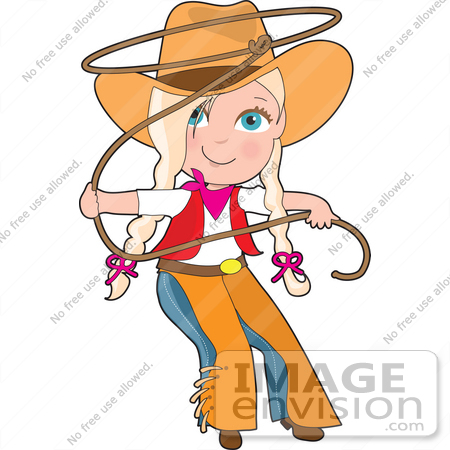 #41533 Clip Art Graphic of a Western Cowgirl Child Swinging A Lariat by Maria Bell