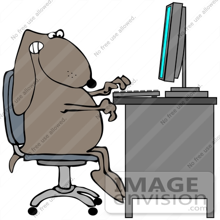 #41641 Clip Art Graphic of a Brown Pooch Using A Computer by DJArt