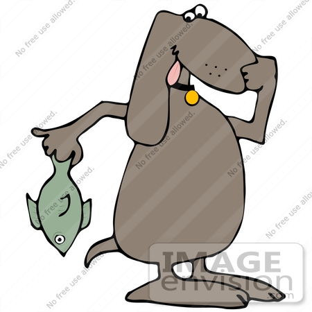 #41648 Clip Art Graphic of a Brown Pooch Holding a Stinky Fish by DJArt