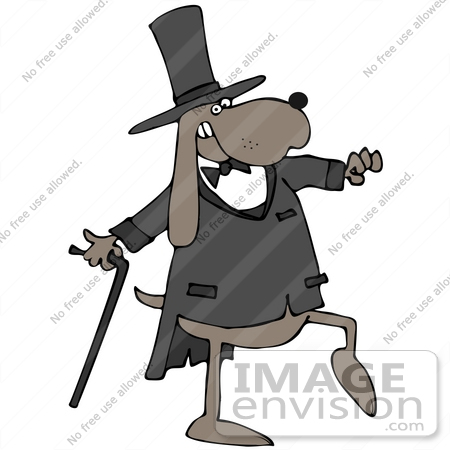 #41649 Clip Art Graphic of a Brown Pooch in a Tux and Top Hat, Using a Cane by DJArt