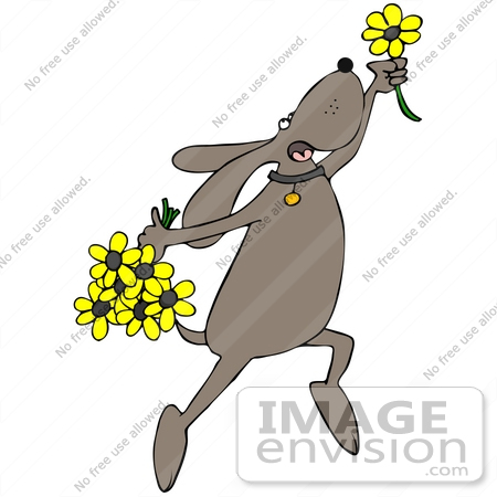 #41657 Clip Art Graphic of a Brown Pooch Dancing With Flowers by DJArt