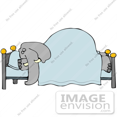 #41662 Clip Art Graphic of a Gray Elephant Sleeping in a Bed by DJArt